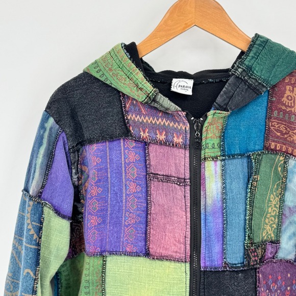 Parava Clothing Patchwork Fleece Lined Zip Up Hoodie Boho Artwear Oversized M/L - Picture 2 of 13